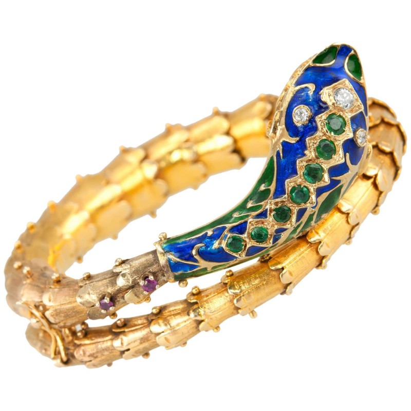 Gold and Enamel Snake Bracelet, Circa 1950s - Bracelets - Jewelry