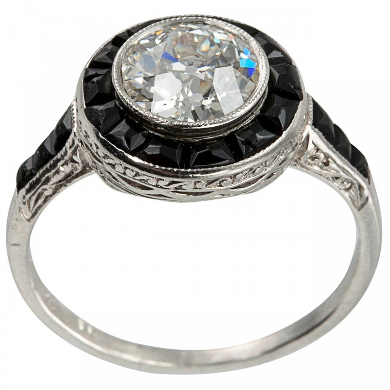 1.13 Carat Diamond and Onyx Art Deco Ring