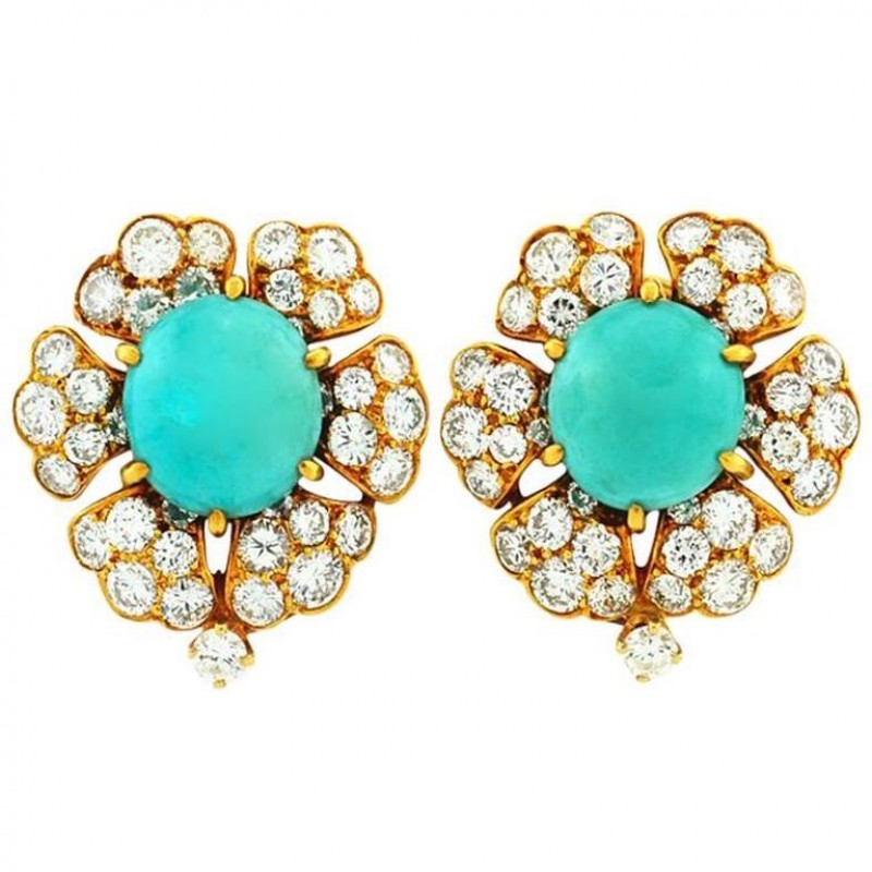 David Webb Turquoise and Diamond Cluster Gold Earrings