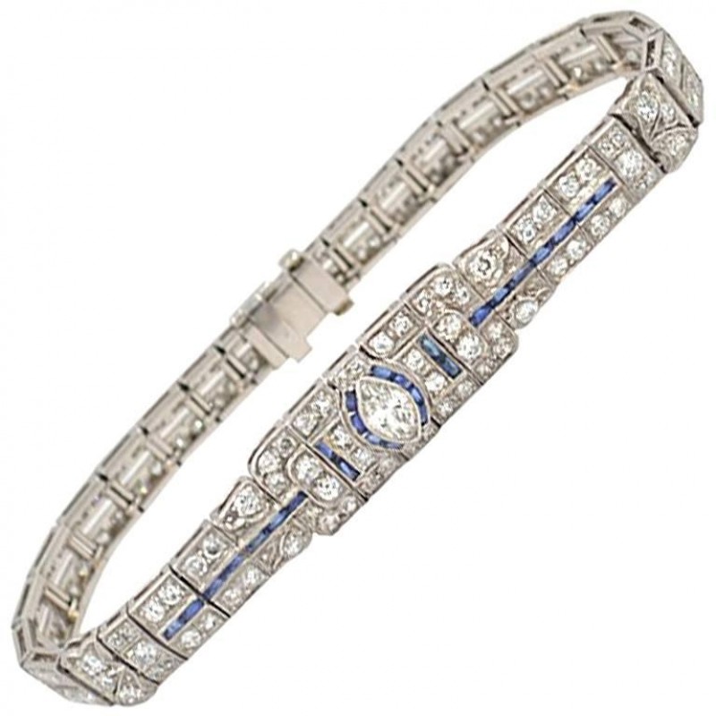 Art Deco Diamond and Sapphire Platinum Bracelet Circa 1930s