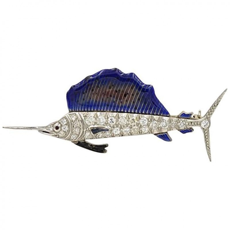 Art Deco Sailfish Brooch in Platinum with Diamonds and Enamel Circa 1930