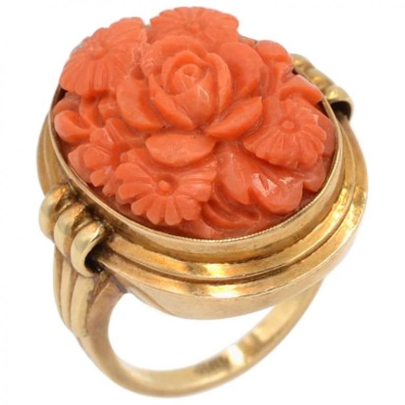 Vintage Carved Coral and 14K Gold Ring 