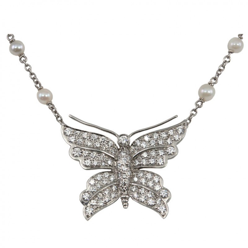 Tiffany & Co Diamond Butterfly and Pearl Platinum Necklace