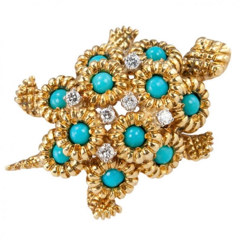 Turtle Brooch with Turquoise and Diamonds