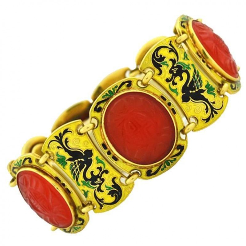 Art Deco Carnelian Chinoiserie Gold Bracelet