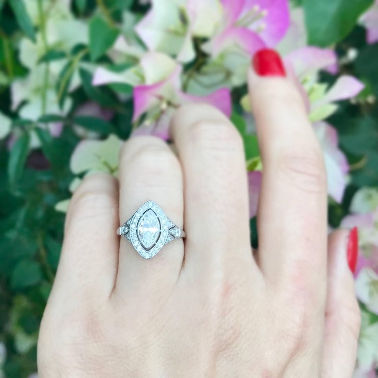 0.94CT Marquise Golconda Diamond Platinum Engagement Ring Circa 1930