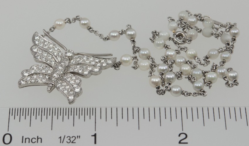 Tiffany Co Diamond Butterfly and Pearl Platinum Necklace