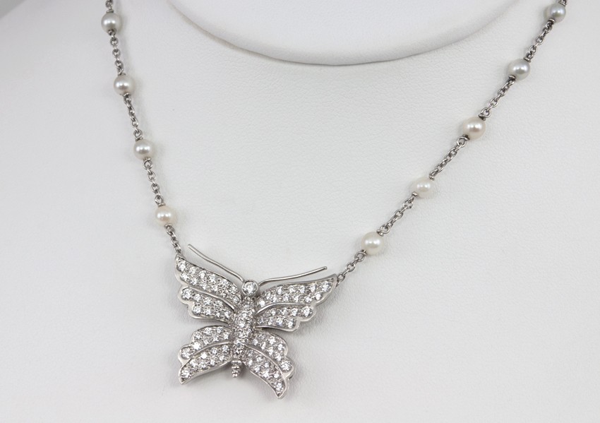 Tiffany Co Diamond Butterfly and Pearl Platinum Necklace