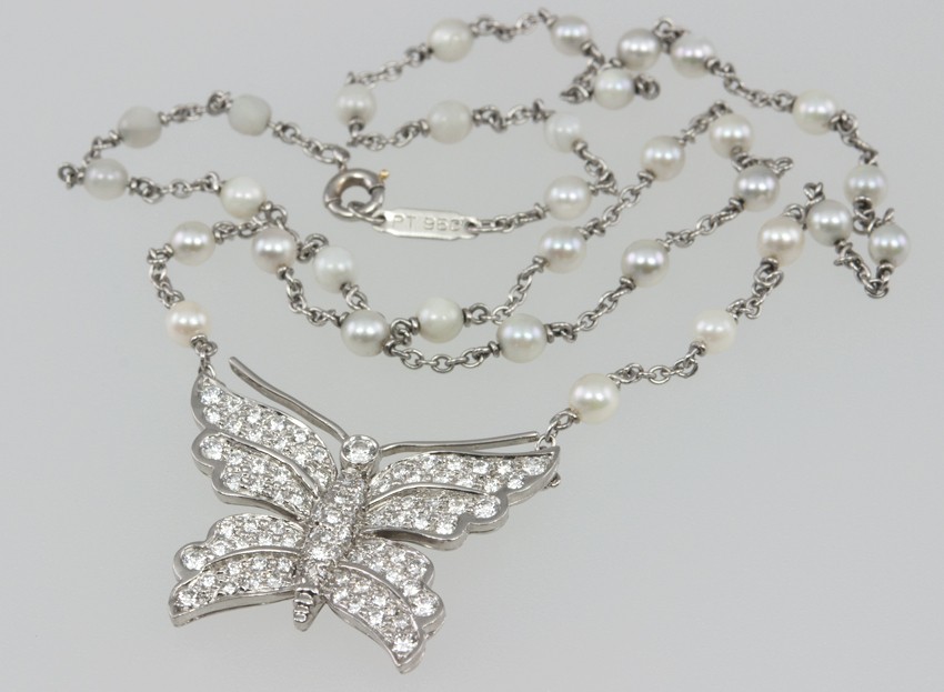 Tiffany Co Diamond Butterfly and Pearl Platinum Necklace