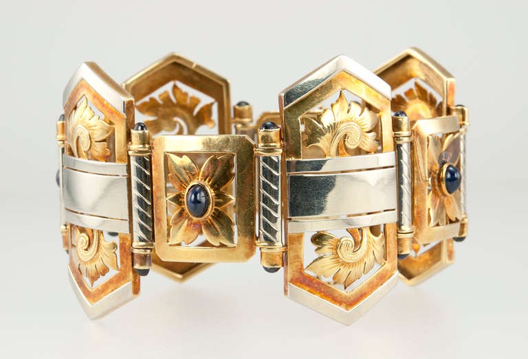 Unusual Ghiso White Yellow Gold Link Bracelet w Cabochon Sapphires Art Deco Jewelry 1925 1940 By Era Jewelry