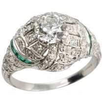 0.92 Carat Old European Cut Diamond Engagement Ring with Emerald Accents