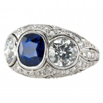 Three-Stone Natural Sapphire and Diamond Platinum Ring, c1930s