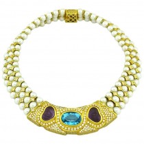 1980s Pearl Collar Necklace with Diamonds, Topaz, and Amethysts