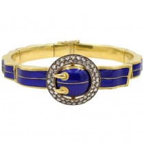 Victorian Blue Enamel and 18K Gold Buckle Bangle with Rose Cut Diamonds