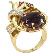 Retro Carved Garnet, Diamond, and Ruby 14K Gold Ring