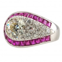 Art Deco Diamond and Ruby Cluster Platinum Ring