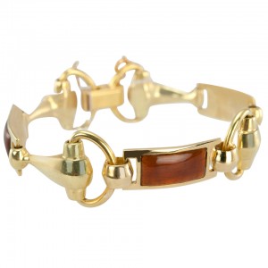 Gucci Gold Horsebit Bracelet with Brown Enamel