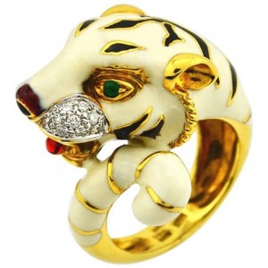 Tiger Gold and Enamel Ring with Diamonds and Emeralds 