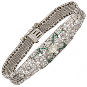 Art Deco Diamond and Emerald Platinum Bracelet Circa 1920