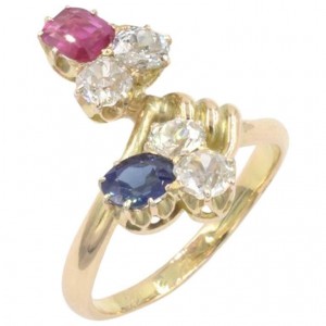 Antique Russian Diamond, Sapphire, Ruby 14K Yellow Gold Ring