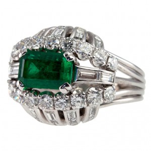 Vintage 1950s Emerald And Diamond Bombe Platinum Cocktail Ring
