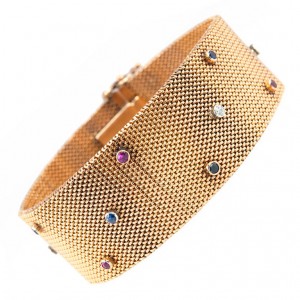 Victorian 18K Yellow Gold Sapphire Ruby Diamond Mesh Bracelet