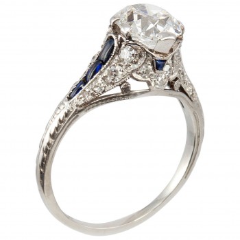 1.57 Carat Cushion Cut Diamond Antique Engagement Ring with Sapphires