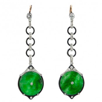 Edwardian Jade, Diamond and Enamel Dangle Earrings