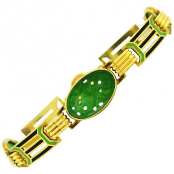 Art Deco Gold and Enamel Link Bracelet with Carved Jade