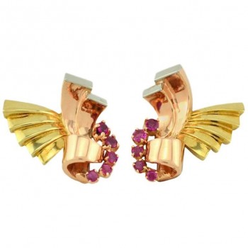 Retro Ruby and 14K Pink, Yellow, and White Gold Earrings