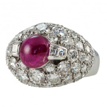 Vintage Diamond Cluster and Ruby Dome Platinum Ring 