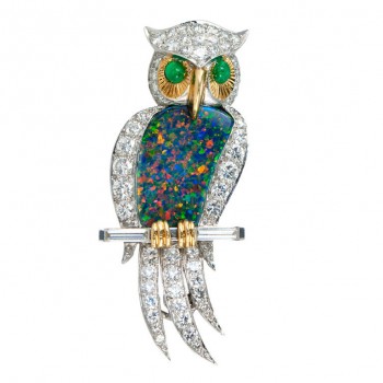 Opal Diamond Owl Pin
